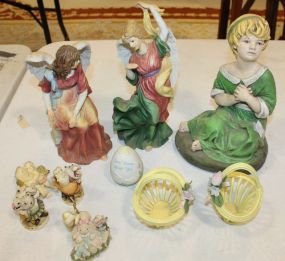 Resin Figurines and Two Small Ceramic Baskets Resin Figurines and Two Small Ceramic Baskets