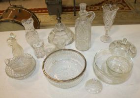Glass Lot including bowls, cruet, vases, lids, Heisey triangular dish