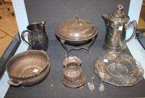 Silverplate pitcher, tureen, overlay plate, and trivet