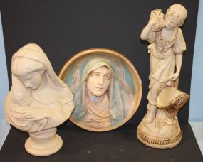 Three Ceramic Items, Two Statues, and One Plaque 12 1/2 dia.