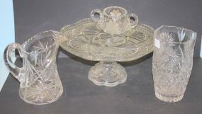 Cut Glass Pitcher, Press Glass Cake Stand, and Vase cut glass pitcher, press glass cake stand, vase