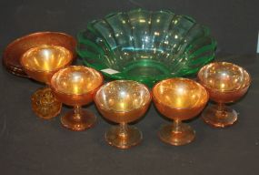 Large Green Glass Bowl, Five Carnival Glass Sherbets, Four Plates, Amber Salt bowl 11