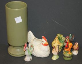 Pottery Vase, Group of Roosters Porcelain Plates, Bowls, and Candlestick