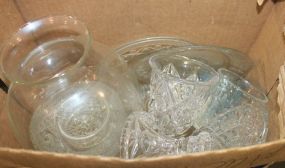 Box Lot glass plates, candlestick, shade, glasses
