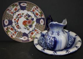 English Blue and White Bowl and Pitcher and Imari Style Platter platter 12 1/2