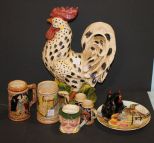 Group of Ceramic Roosters, Mugs, and Plate group of ceramic roosters, mugs, and plate