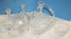 Group of Glass consisting of basket, small bowl, two candlesticks, creamer, covered sugar, dish and compote