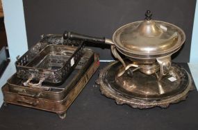 Group of Silverplate casserole frames, trays, heated covered dish