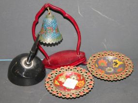 Two Brass and Painted Dishes, Bell, and Inkstand dishes 4