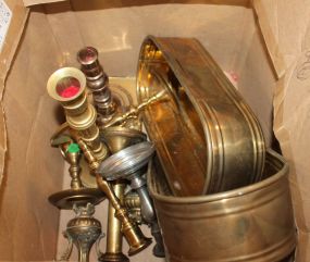 Box Lot brass candlestick, planters