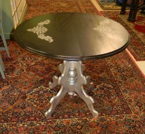 Black and Silver Center Foyer Table with baroque design on top; 33