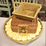 Rattan Round Tray, Basket, Childs Tea Set in Basket Rattan Round Tray, Basket, Childs Tea Set in Basket