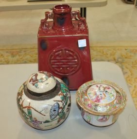 Red Glazed Oriental Pottery Vase, Oriental Bowl with Lid, Oriental Temple Jar vase 12