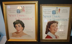Two Lustre Crme Shampoo Framed Ads 1955 Debbie Reynolds and 1950s Elizabeth Taylor