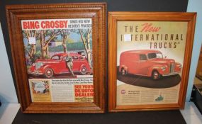 Two Framed Automobile Ads 1938 Desoto and 1941 International