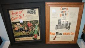 Two Framed Cola Ads 1953 Hires Root Beer and 1951 7 Up