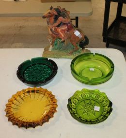 Four Glass Ashtrays, Plaster Painted Indian on Horse Four Glass Ashtrays, Plaster Painted Indian on Horse