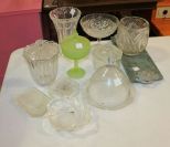 Lot of Glass including candy dishes, covered butter, marble cutting board