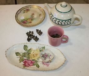 Porcelain Teapot, Tray, Plate, Brass Rabbit Place Card Holders Porcelain Teapot, Tray, Plate, Brass Rabbit Place Card Holders