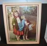 Framed Print of Girl and Boy with Basket 18 1/2