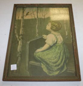 Vintage Print of Girl and Bird 13