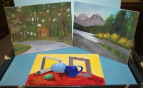 Unframed Painting of Pitcher, Frame and Ball, Painting of Curved Road, Painting of Mountain and Stream. Unframed Painting of Pitcher, Frame and Ball, Painting of Curved Road, Painting of Mountain and Stream. All signed Lynn Smith, 20