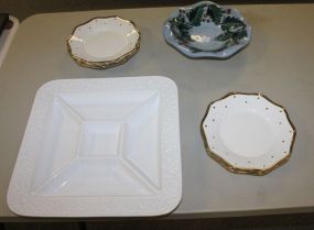 Six Gold Dotted China Plates, Divided Ceramic Serving Dish, Gail Pittman Bowl Six Gold Dotted China Plates 8