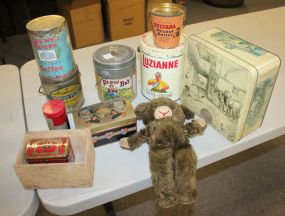 Box lot of Various Vintage Tin Boxes and Vintage Teddy Bear Box lot of Various Vintage Tin Boxes and Vintage Teddy Bear
