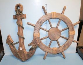 Two Decorative Wood Carved Ship Items, Anchor and Wheel 24
