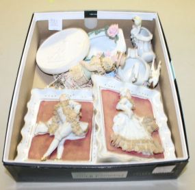 Box Lot of Items Includes two porcelain wall plaques 4