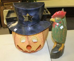 Painted Tin Halloween Pumpkin and Hand Painted Wood Rooster Painted Tin Halloween Pumpkin 22