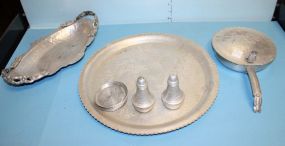 Lot of Vintage Alluminum Tray, Oval Basket/Tray, Salt and Pepper, Seven Coasters, and Dust pan Lot of Vintage Alluminum Tray 14