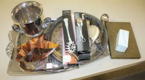 Lot of Silverplate Trays, Snuffer, Tongs, Trophy, and Brush Lot of Silverplate Trays, Snuffer, Tongs, Trophy, and Brush.