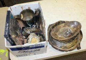 Box Lot of Silverplate Includes: Trays, Trivet, and Pitcher.