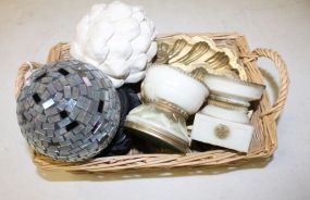 Basket of Miscellaneous Items Plastic ball, candlesticks, Shell ends to drapery rods, vase stand.