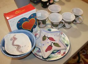 Lot of Miscellaneous Items Including Fitz & Floyd Heart Shaped dish, bowls, gail pittman bowl and round tray, 5 mugs.