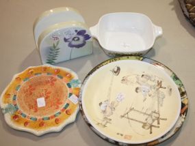 Ceramic Items Napkin holder, trivet, 2 plates and vintage small caserole dish.