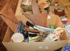 Box Lot of Miscellaneous Items kitchen knives, carving set, toys, DVD, ressin figurines