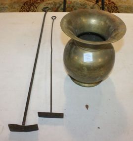 Brass Spittoon and 2 Iron Fireplace Pokers Brass Spittoon and 2 Iron Fireplace Pokers