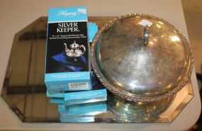 Octagon Plateau Mirror, Silver Casserole and 2 Bowls, Polishing Gloves Octagon Plateau Mirror, Silver Casserole and 2 Bowls, Polishing Gloves