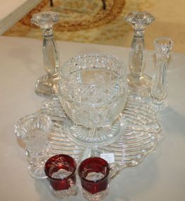 Grouping of Vintage Glass includes sandwich tray, rose bowl, vases, candlesticks, toothpick holders