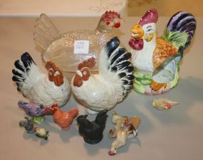Group of Ceramic Roosters, Vintage Glass Hen on Nest Group of Ceramic Roosters, Vintage Glass Hen on Nest