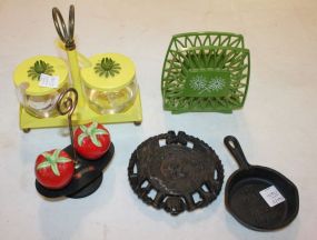 Vintage Iron Trivet, Iron Pan, Napkin Holder, Salt and Pepper, Yellow Condiment Set Vintage Iron Trivet, 3