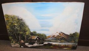 Unframed Oil Painting of Mill with Mountain and Stream Signed 'KTG' 73 30