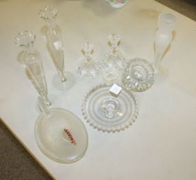 Group of Glass Chicken on nest, two etched bud vases, two individual salts, pair 3