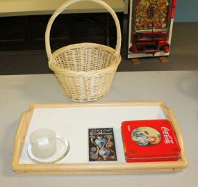 Group of Collectibles TV tray, basket, candle, tin Coca-Cola box, last U.S. Coins of the second Millennium.