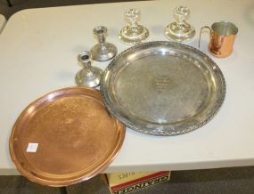 Silverplate and Copper Silverplate tray, Copper tray, four silverplate candlesticks, and copper mug.