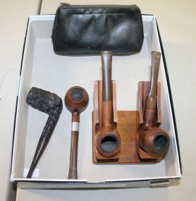 Pipe Stand with Humidor and Pipes. Custom made Algerian briar, Weber Shell brook ornately carved, Guardsman Import Briar, Silver band dry filter imported briar.