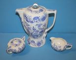 Blue and White Vintage Coffee Pot, Creamer, and Sugar