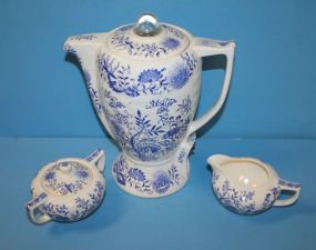 Blue and White Vintage Coffee Pot, Creamer, and Sugar